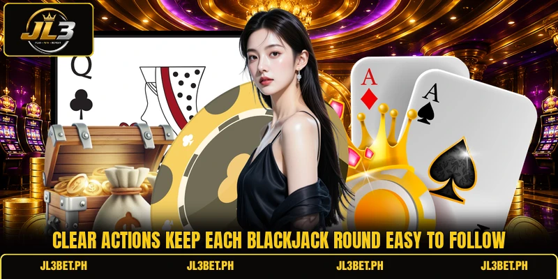 Clear actions keep each blackjack round easy to follow
